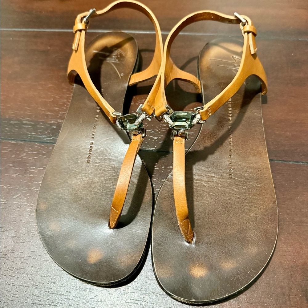 Giuseppe Zanotti Brown Leather Sandals with Gemstone Accent